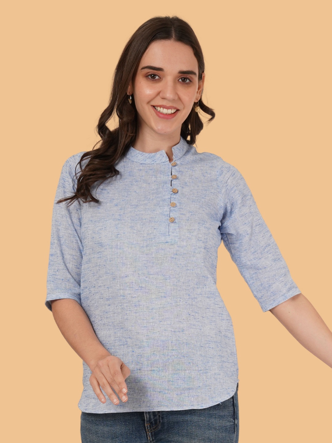 

Brownverse Mandarin Collar Cotton Shirt Style Top, Blue