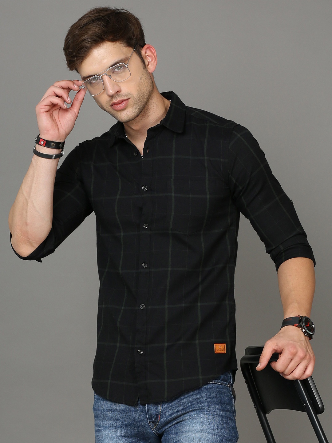 

Tallwalker Men Straight Windowpane Checks Opaque Checked Casual Shirt, Black