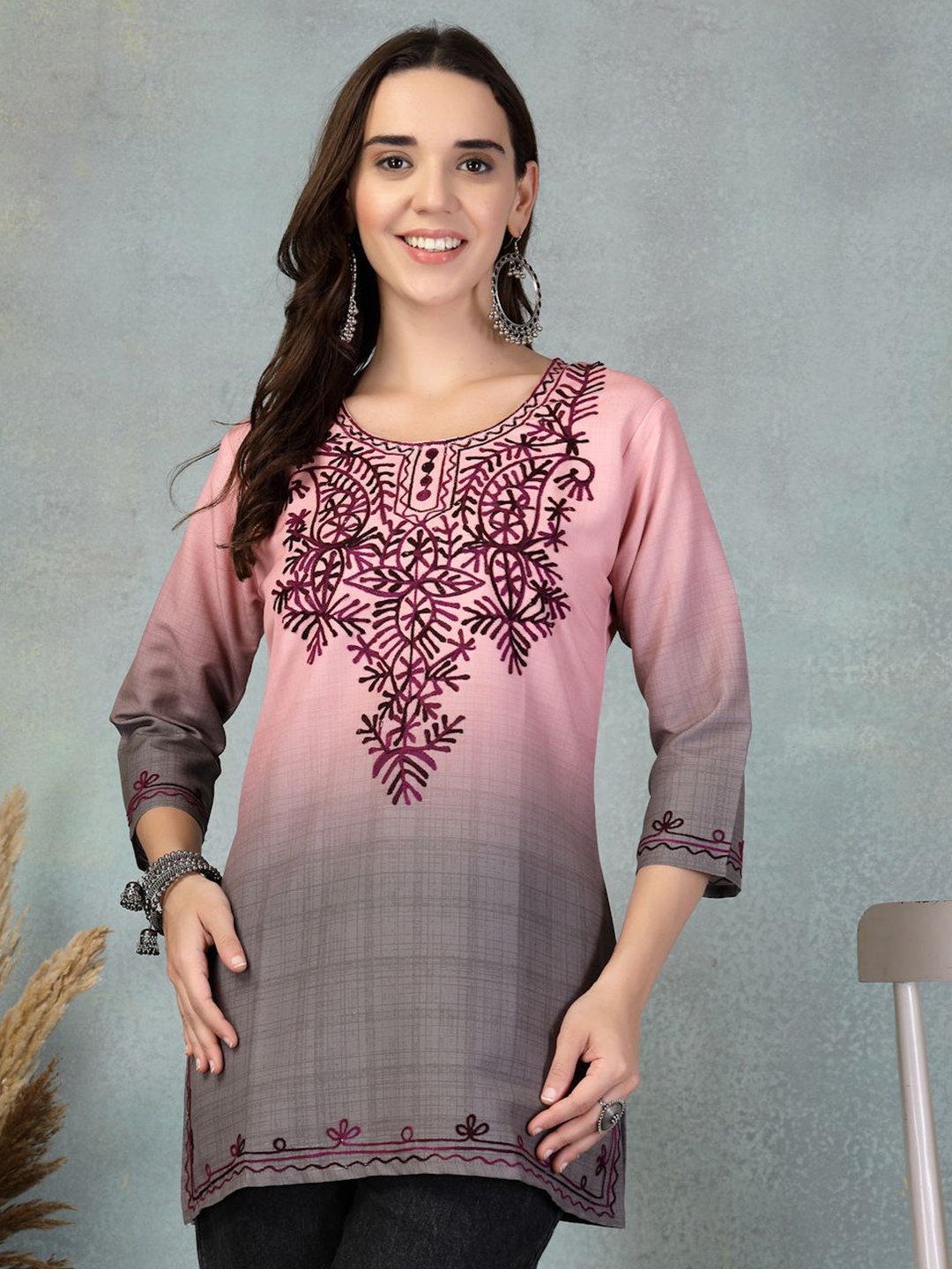 

Clora Creation Floral Embroidered Thread Work Thread Work Kurti, Pink
