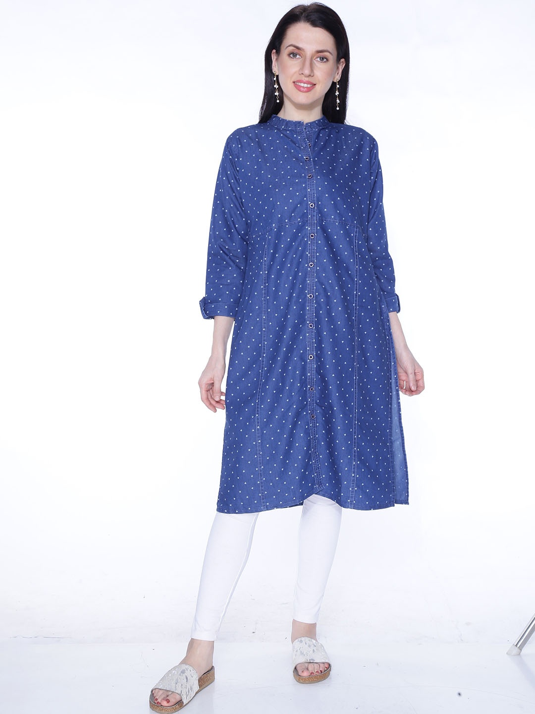 

CEFALU Women Polka Dot Printed Denim Kurta, Blue