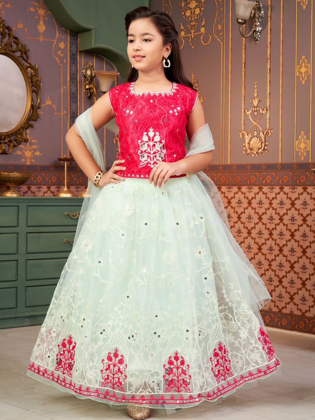 

Sangria Girls Thread Embroidered Net Lehenga Choli With Dupatta, Pink