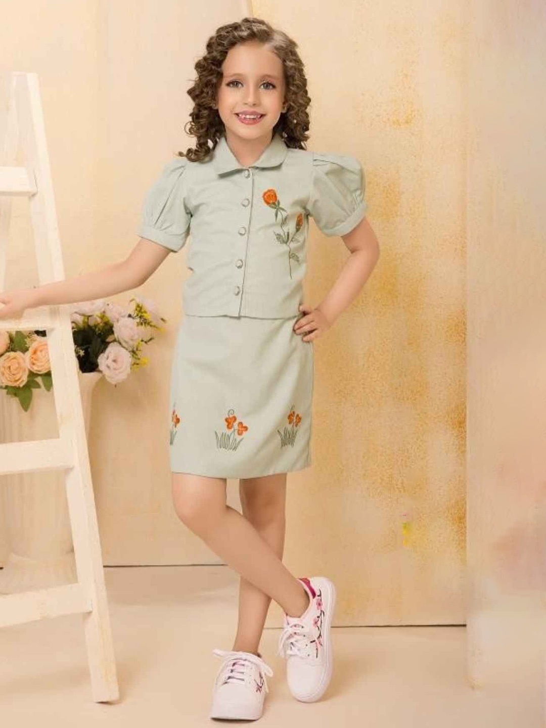 

Lagorii Girls Floral Embroidered Shirt With Skirt, Green