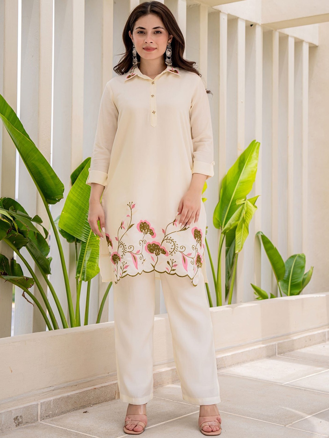 

FREYAA Embroidered Shirt Collar Pure Cotton Tunic & Trouser, Cream