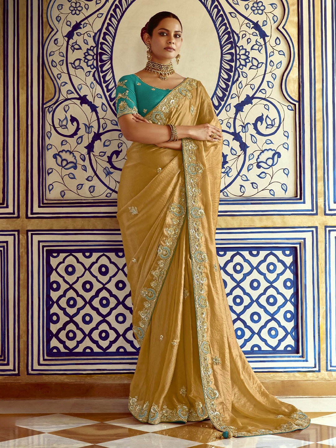 

House of D&S women Solid Embroidered Organza Saree, Gold