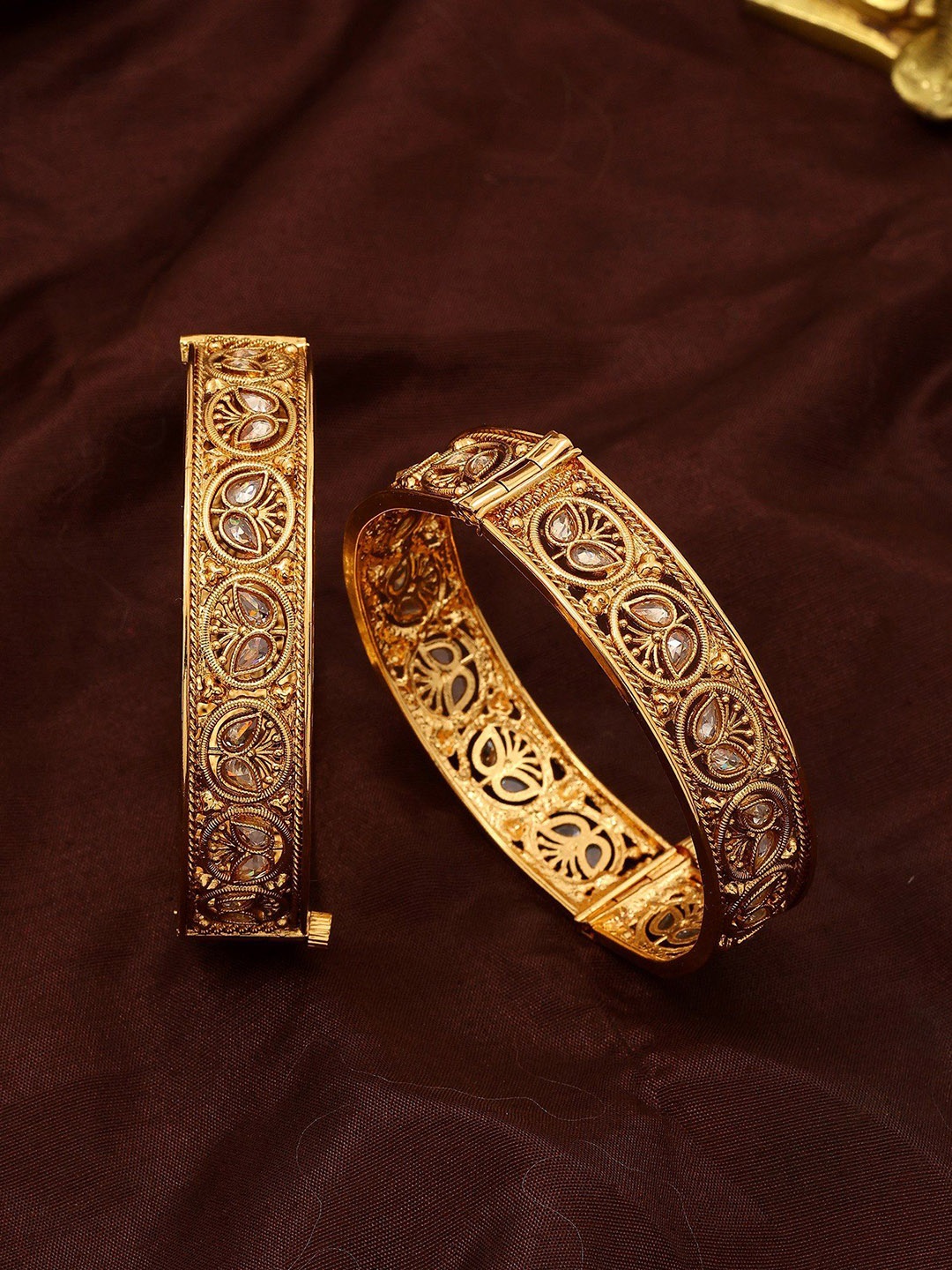 

Exotic India Set Of 2 Gold-Plated Stone Studded Openable Bangles In Copper