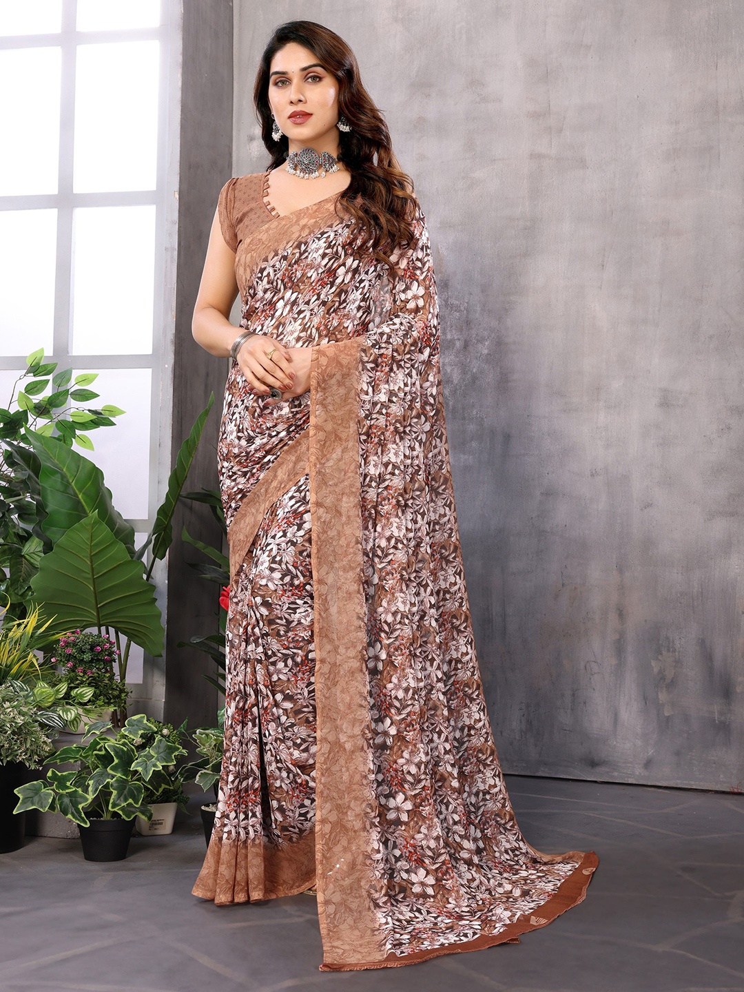 

Moda Rapido Floral Printed Pure Georgette Saree, Brown