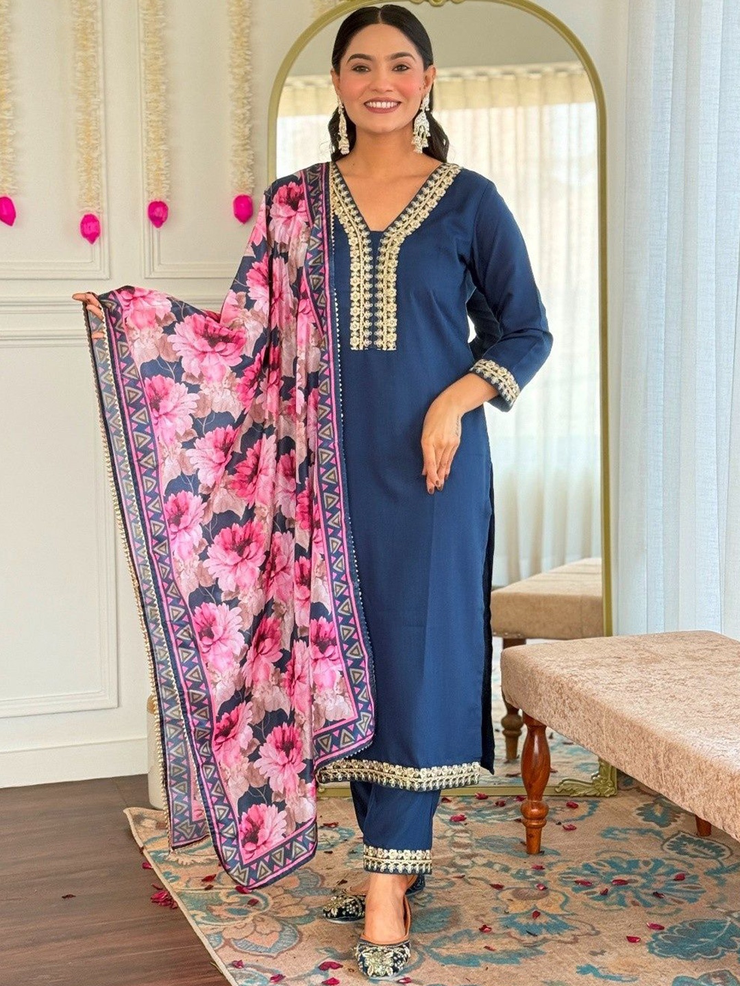 

TOOCHKI Women Ethnic Motifs Yoke Design Regular Kurta with Palazzos & With Dupatta, Teal