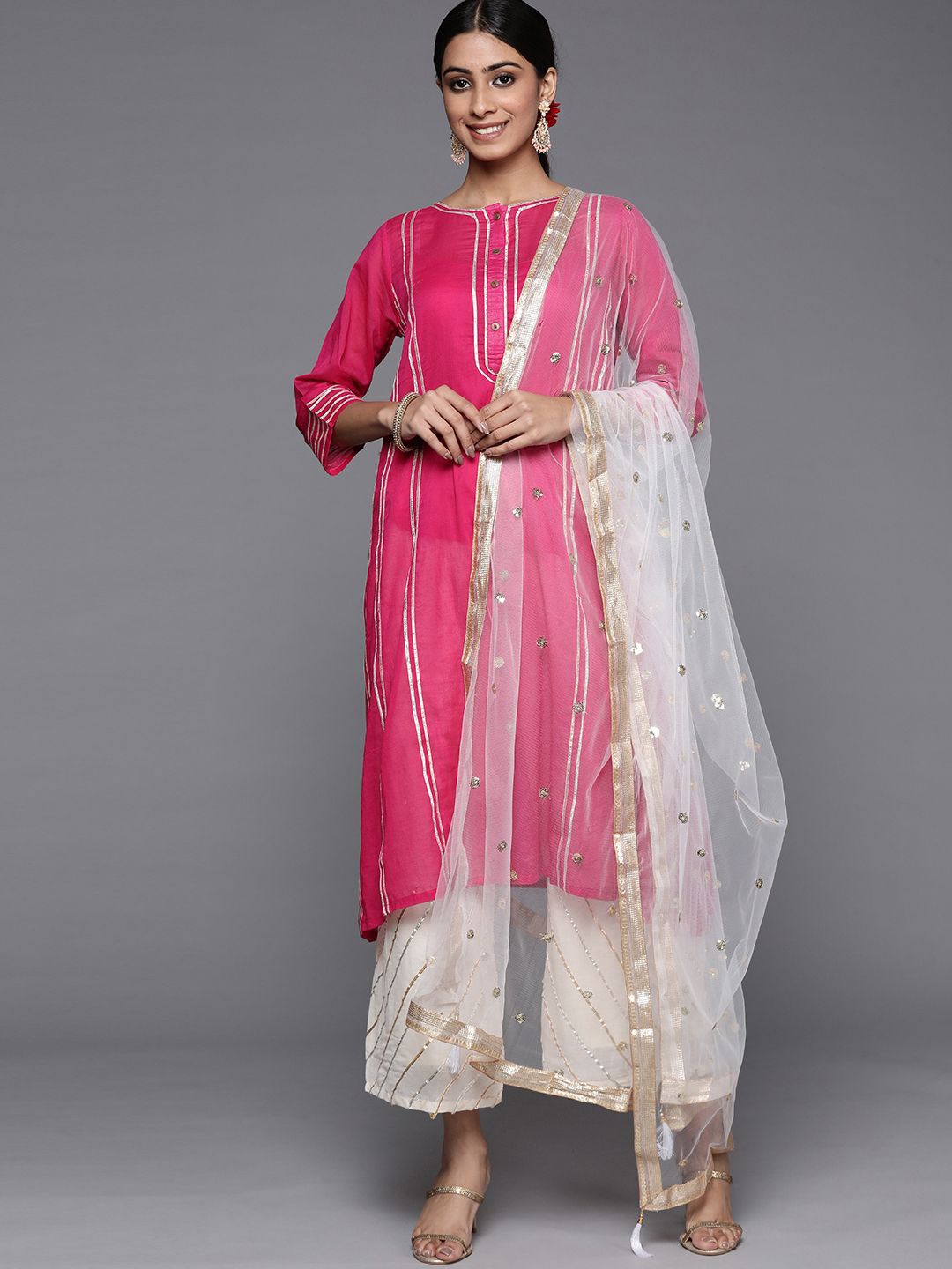 

DIVASTRI Straight Gotta Patti Pure Cotton Kurta With Palazzos And Dupatta, Pink