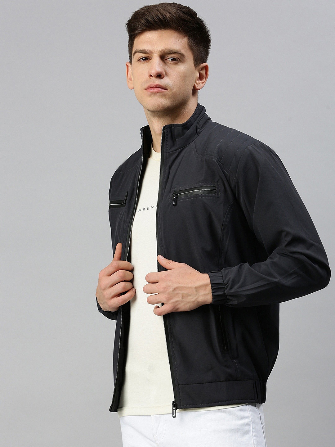 

Kaali Peeli Men Striped Polyester Windcheater Outdoor Tailored Jacket, Charcoal