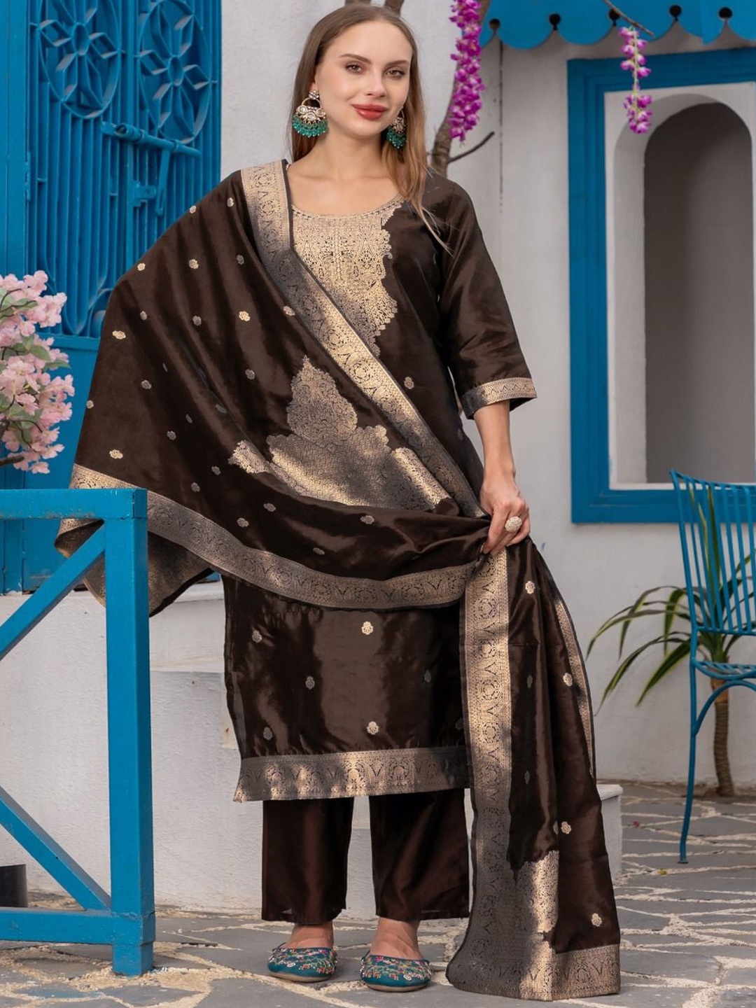 

KALINI Floral Woven Design Kurta With Trousers & Dupatta, Coffee brown