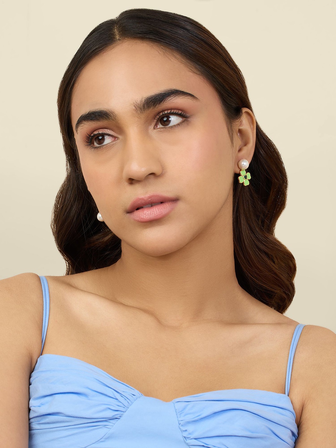 

Isharya 18Kt Gold Plated Contemporary Cubic Zirconia Drop Earrings, Green