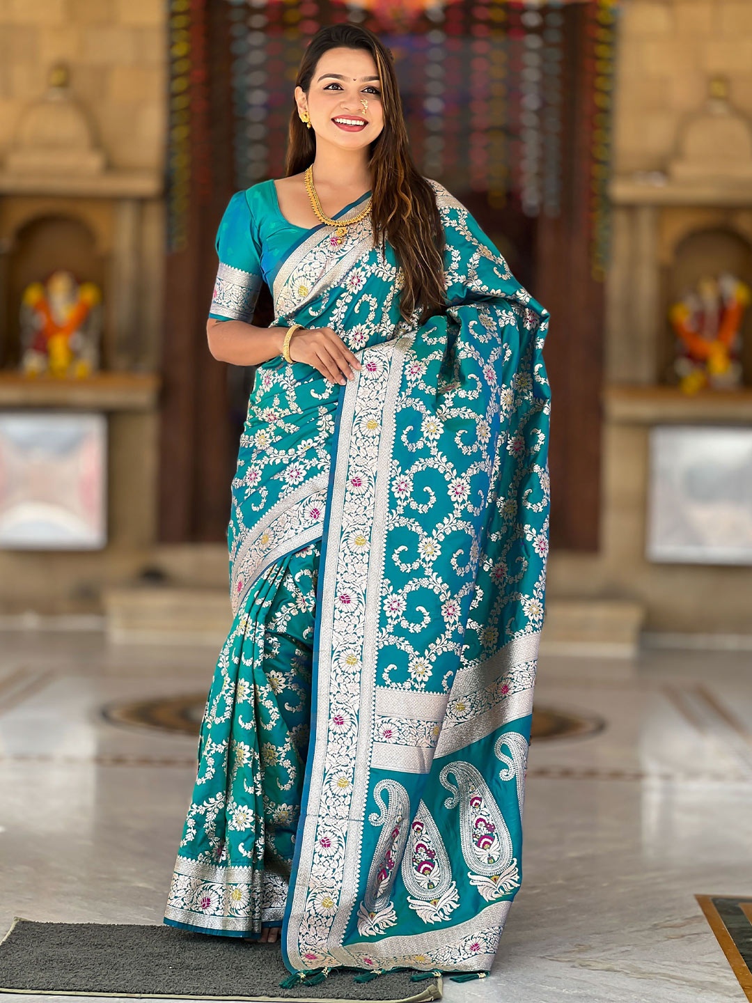 

Ekta Textiles Woven Design Zari Pure Silk Banarasi Saree, Turquoise blue