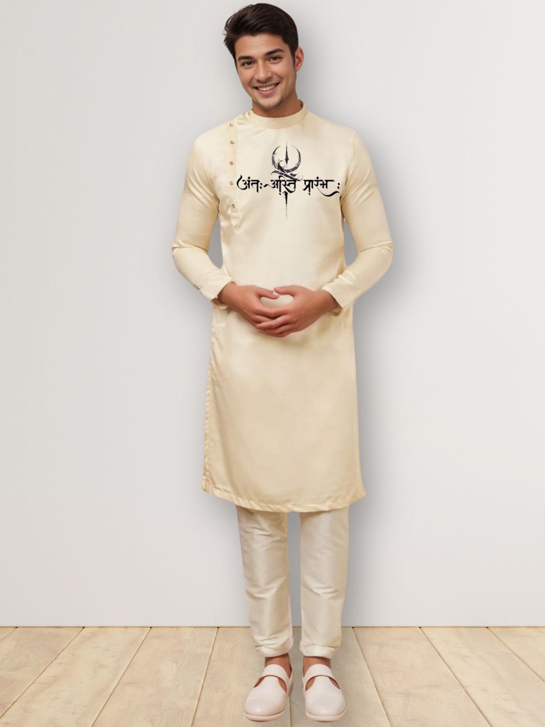 

DEVOILER Men Ethnic Motifs Printed Thread Work Kurta, Beige