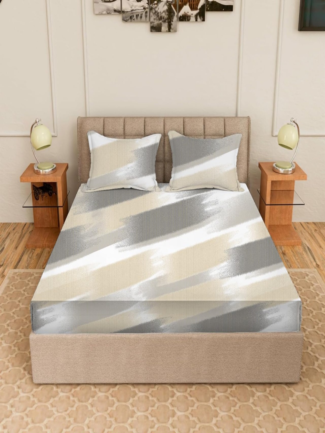 

Trance Home Linen Premium Cotton Printed 180TC King Fitted Bedsheet with 2 Pillow Coversm, Grey