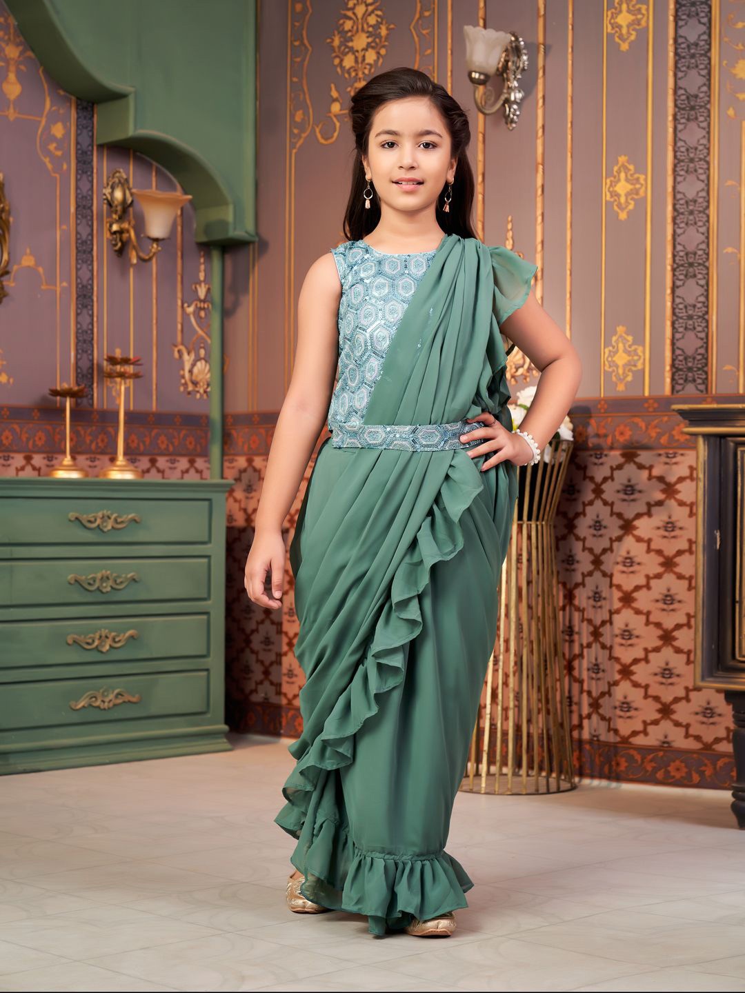 

Sangria Girls Sequin Embroidered Lehenga Choli With Attached Dupatta, Green