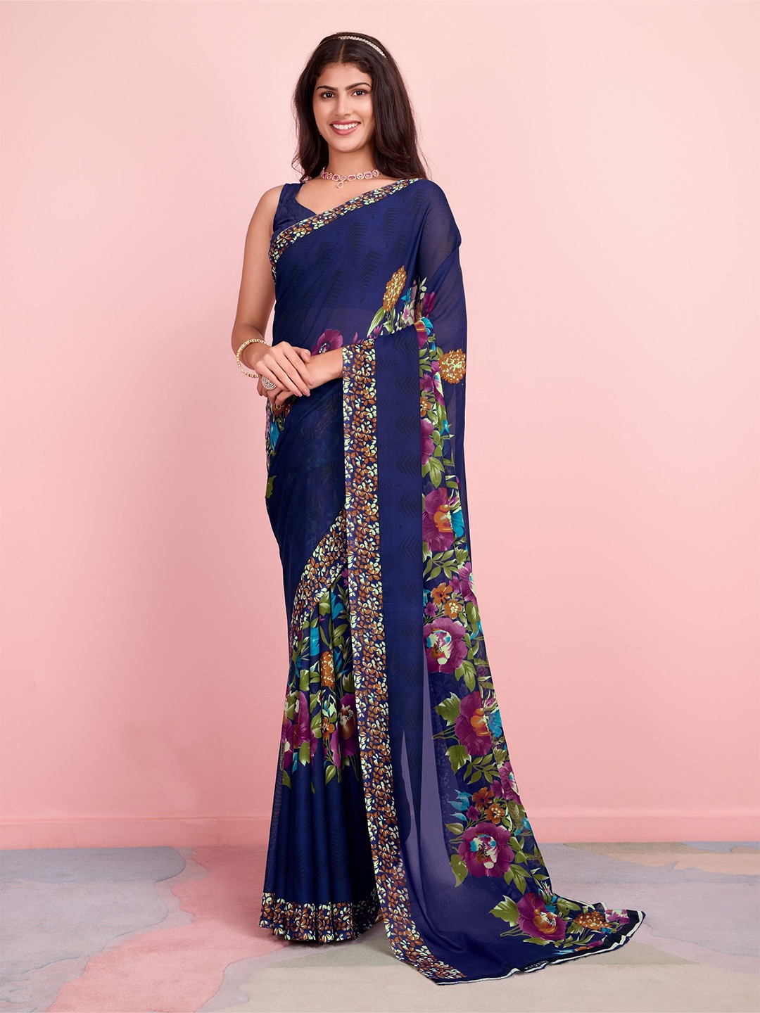 

Nirmohi Fashion Floral Poly Georgette Saree, Navy blue