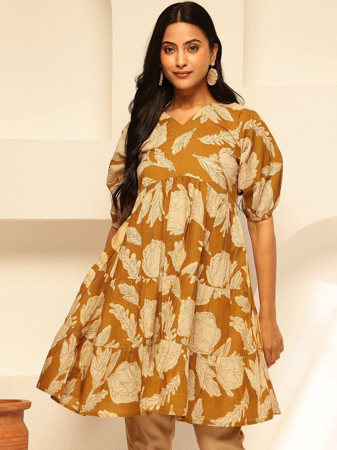 

Vbuyz Floral Print Bishop Sleeves Cotton Tiered Top, Mustard