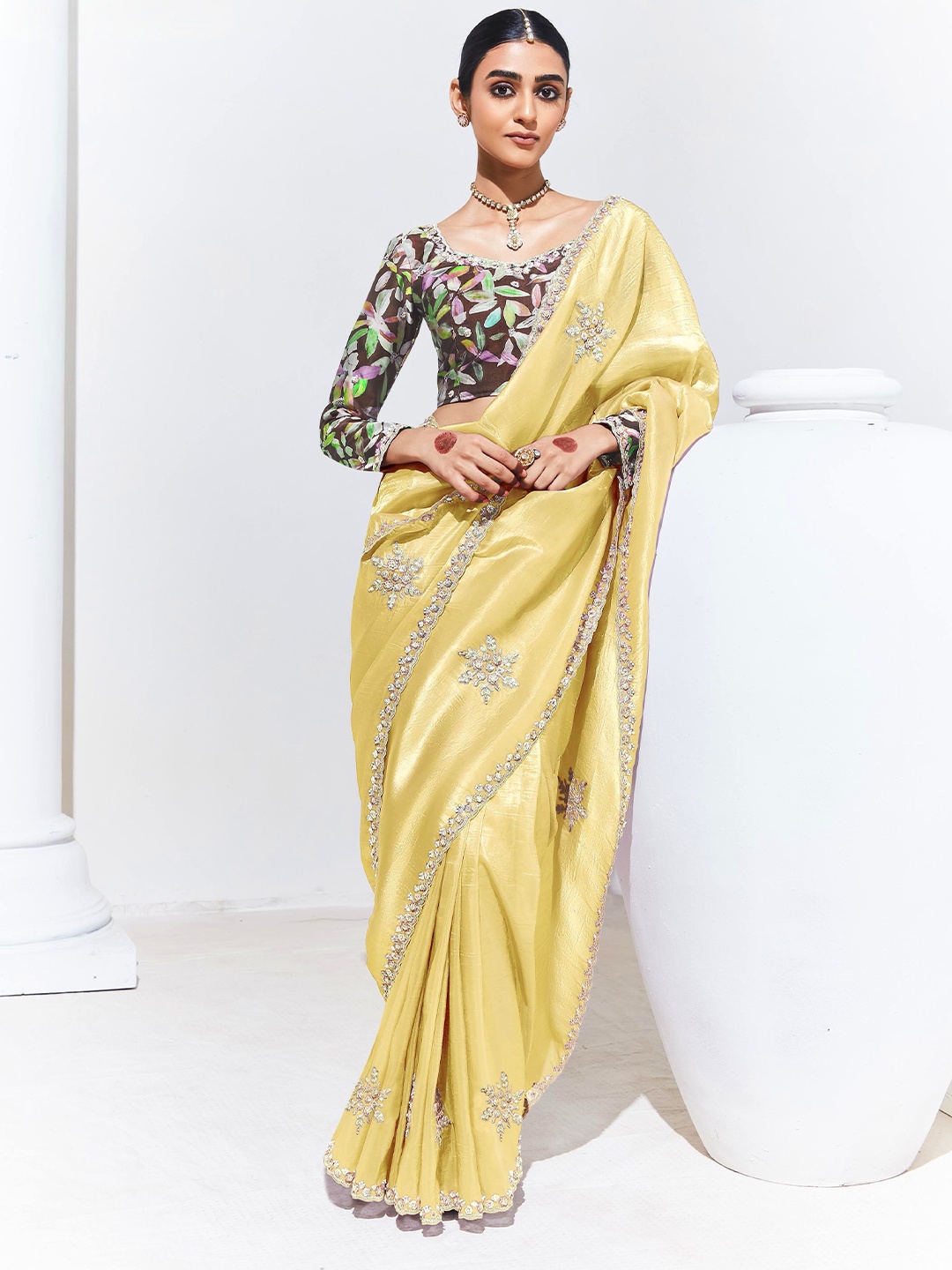 

House of D&S Floral Embroidered Golden Yellow Organza Saree