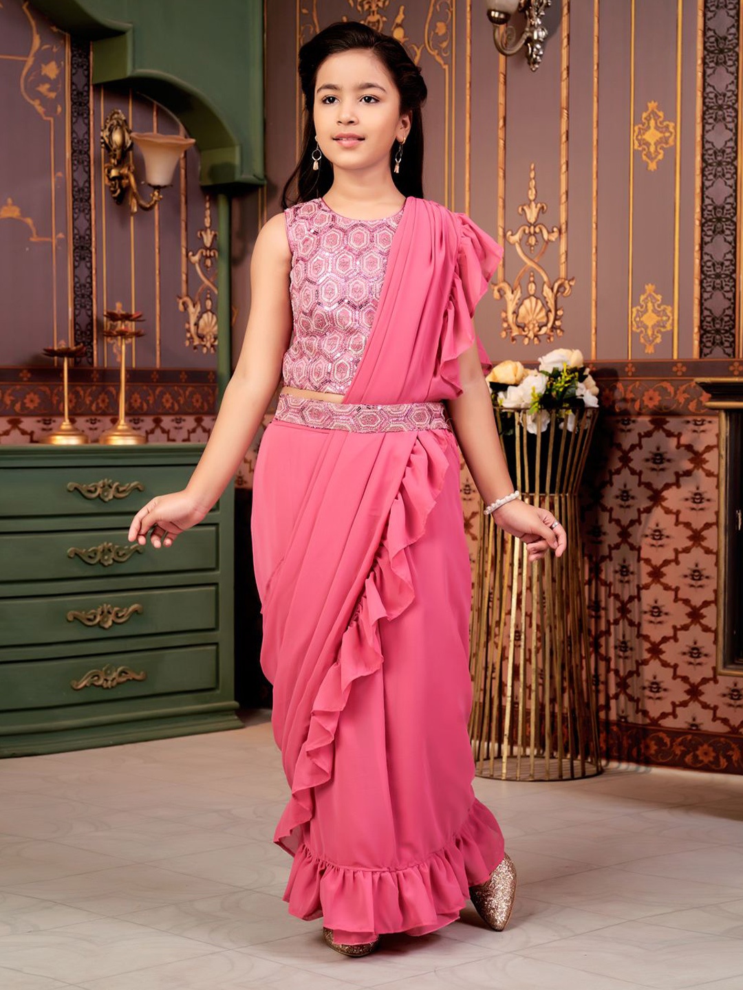 

Sangria Girls Sequin Embroidered Lehenga Choli With Attached Dupatta, Pink