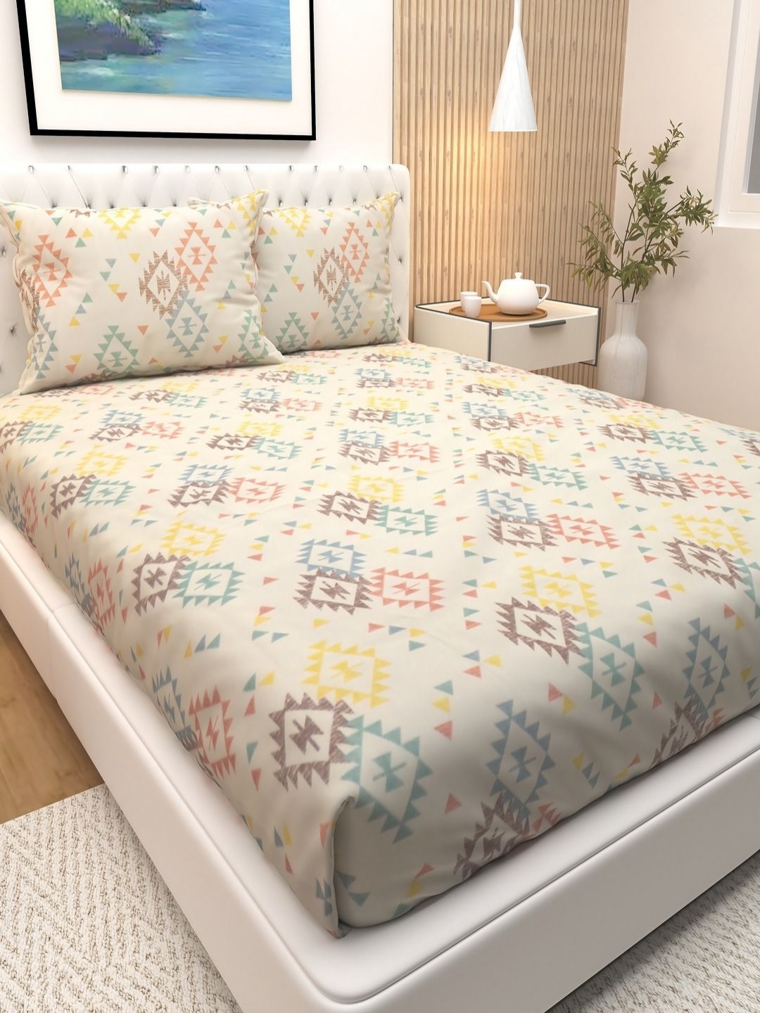 

Athom Living Beige & Green Geometric 180 TC Queen Bedsheet with 2 Pillow Covers
