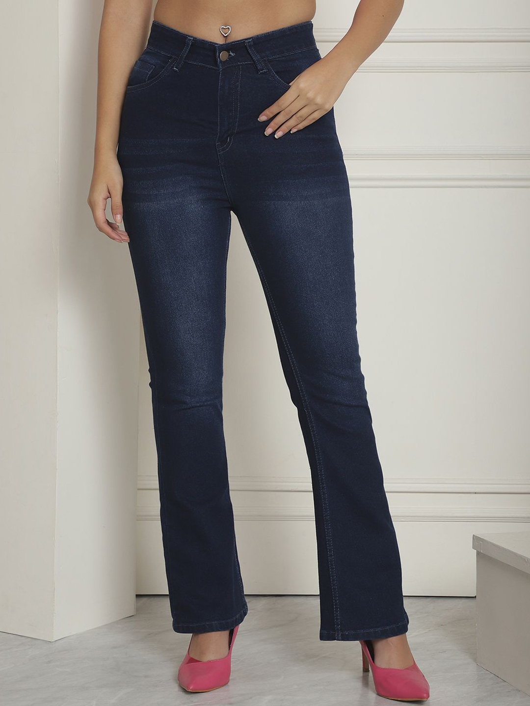 

JAKANARY Women Faded Relaxed High-Rise Easy Wash Trousers, Blue