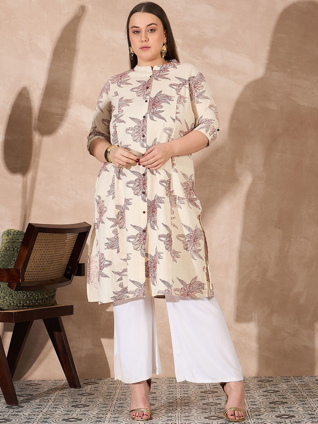 

all about you Women Ethnic Motifs Printed Cherry Red Organic Cotton Kurta, Cream