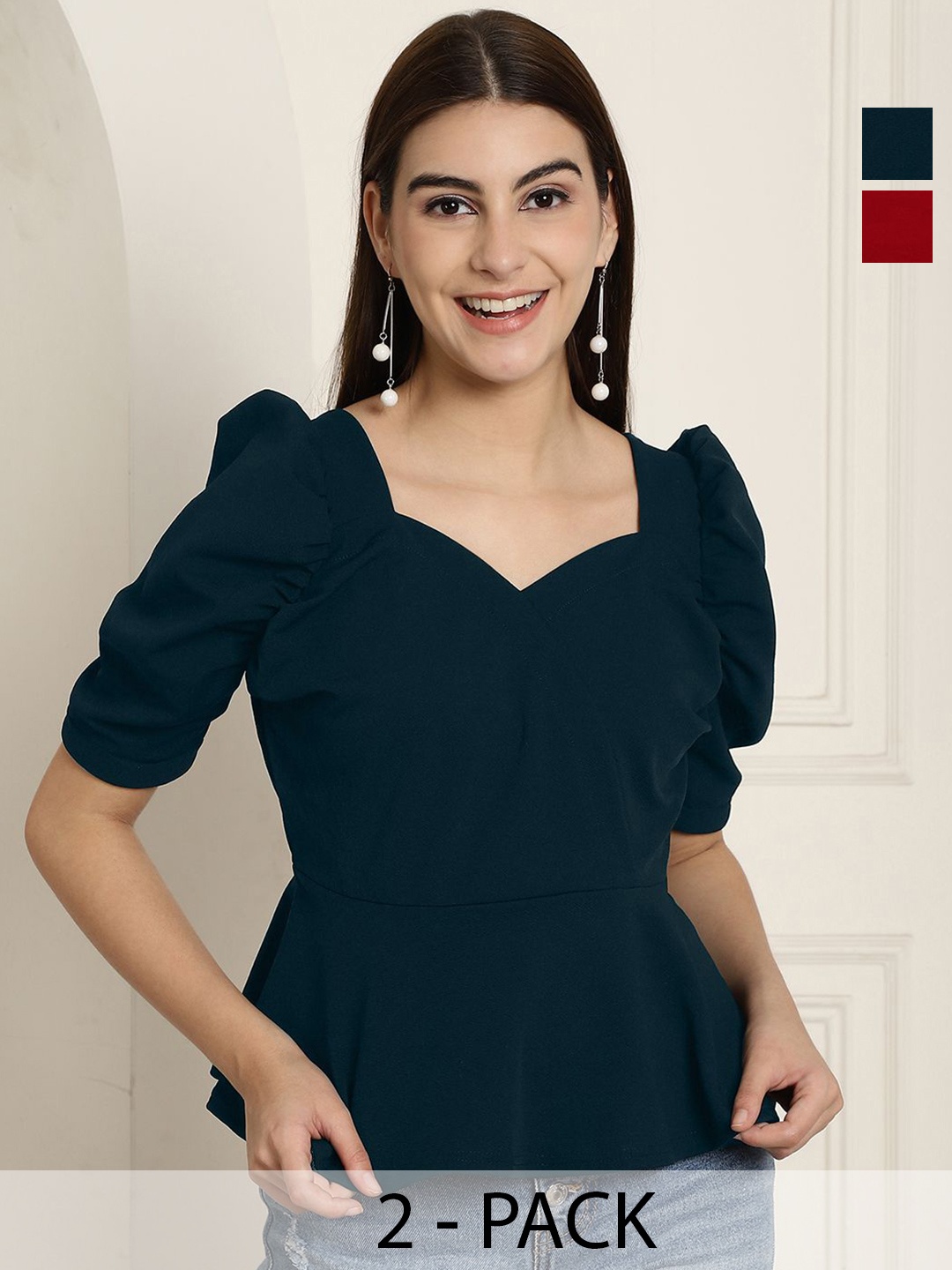 

Tromko Pack Of 2 Sweetheart Neck Puff Sleeve Empire Top, Blue