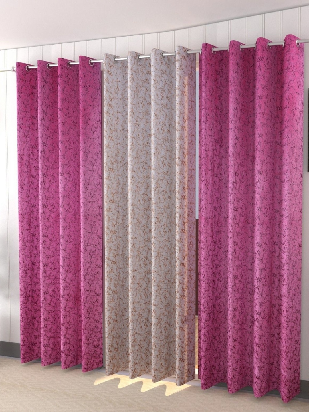 

Galaxy Home Decor Pink and White 3 Pieces Abstract Printed Velvet Long Door Curtains