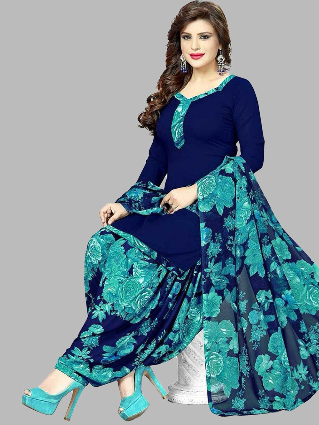 

SIMPLYETHNIC Floral Printed Unstitched Dress Material, Navy blue