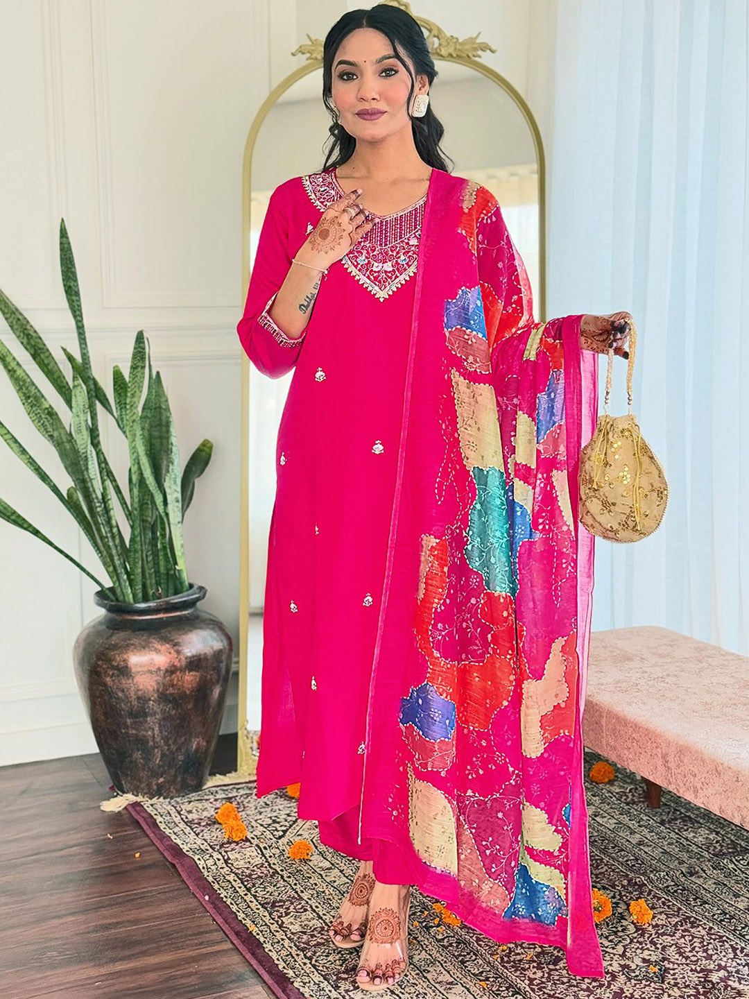 

KALINI Floral Embroidered V-Neck Sequinned Chanderi Silk Kurta With Trousers & Dupatta, Pink