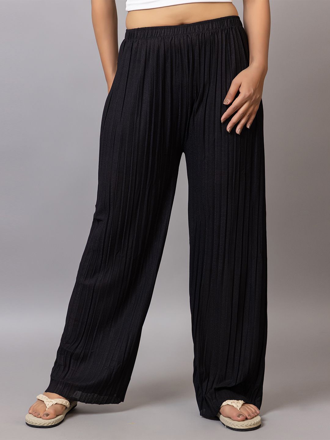 

PROBASIC Women Flared Knitted Palazzos, Black