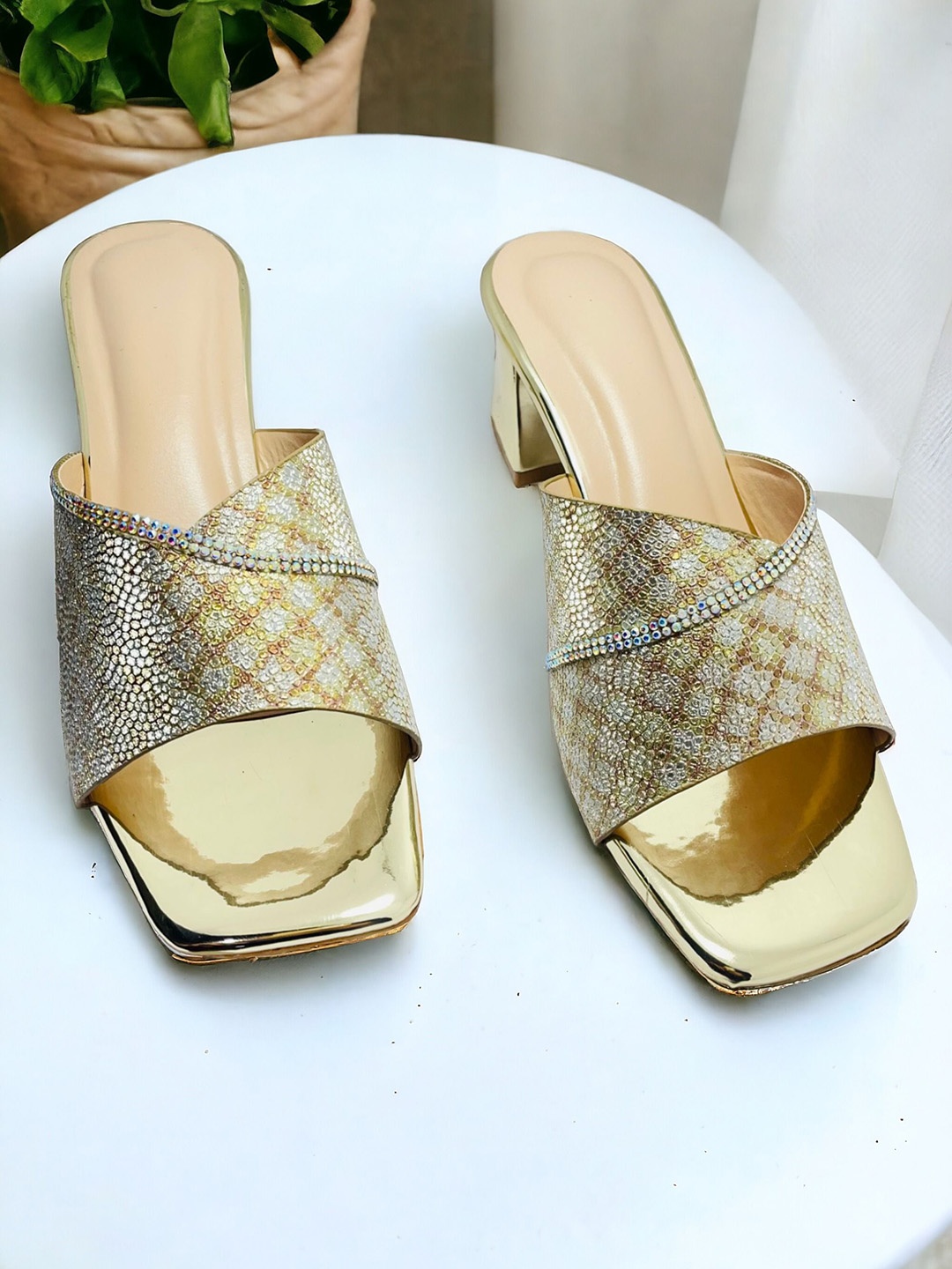 

FABBMATE Women Pack of 2 Embellished Party Block Heels, Gold