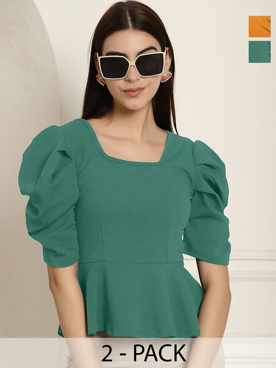 

Tromko Pack of 2 Puff Sleeves Peplum Top, Green