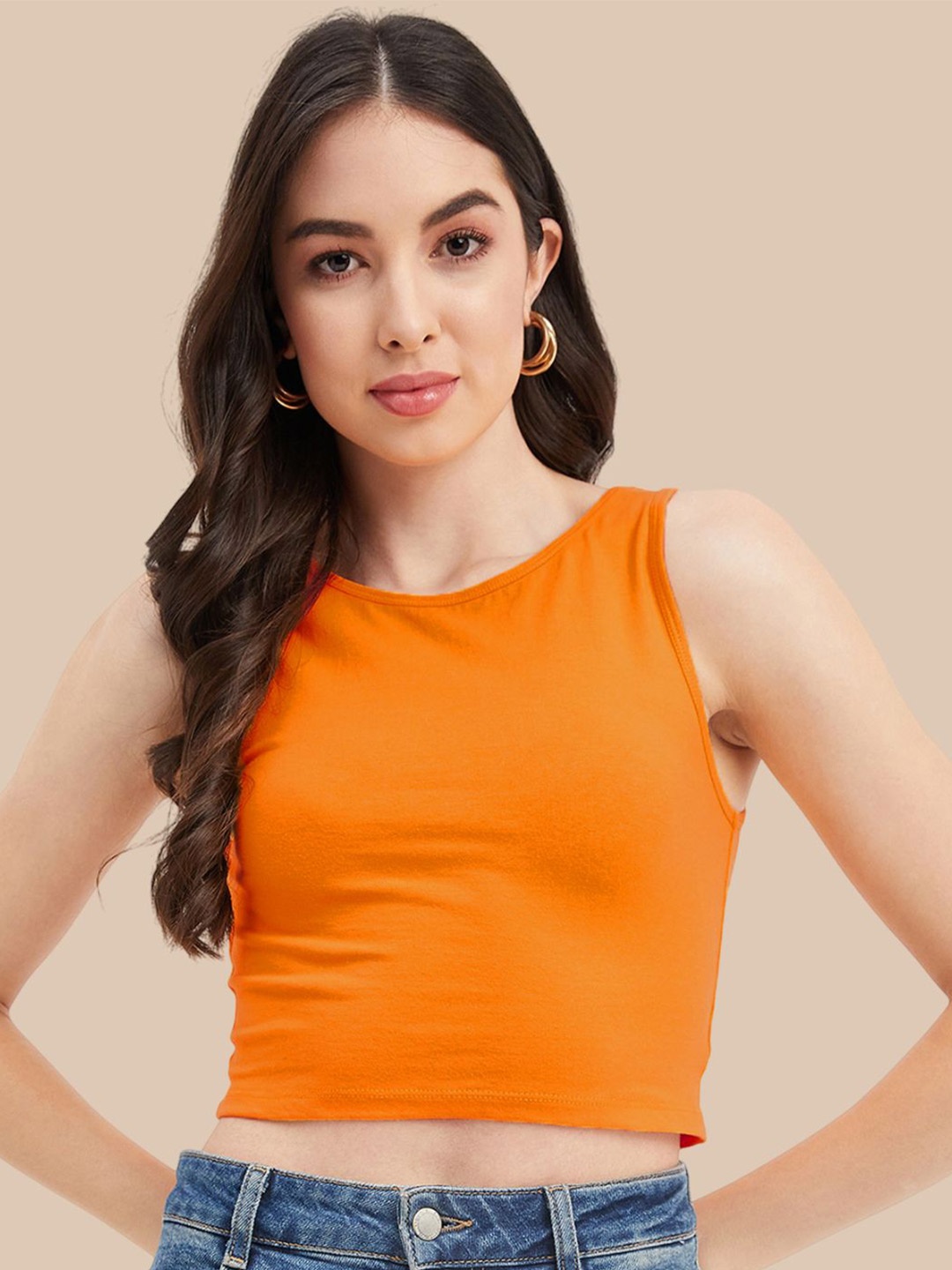 

Hypernation Women Round Neck Crop Tank Top, Orange