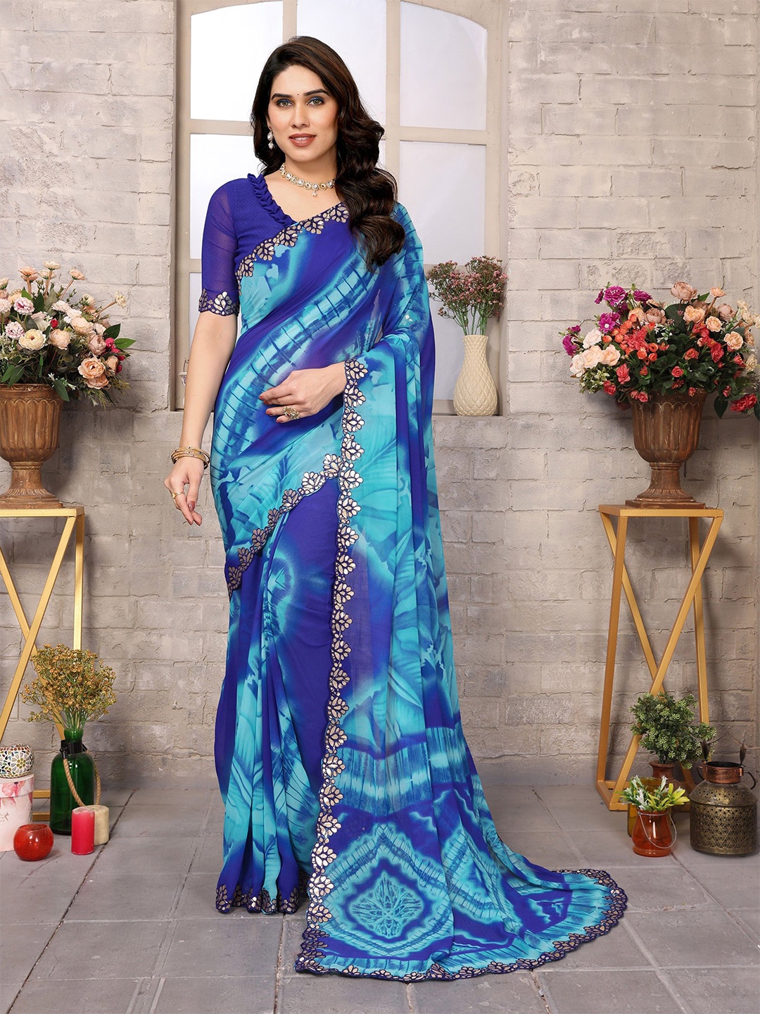 

Nirmohi Fashion Tie and Dye Mirror Work Pure Georgette Saree, Blue