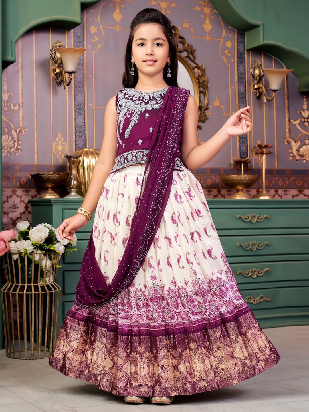 

Sangria Girls Mirror Embroidered Lehenga Choli With Attached Dupatta, Purple