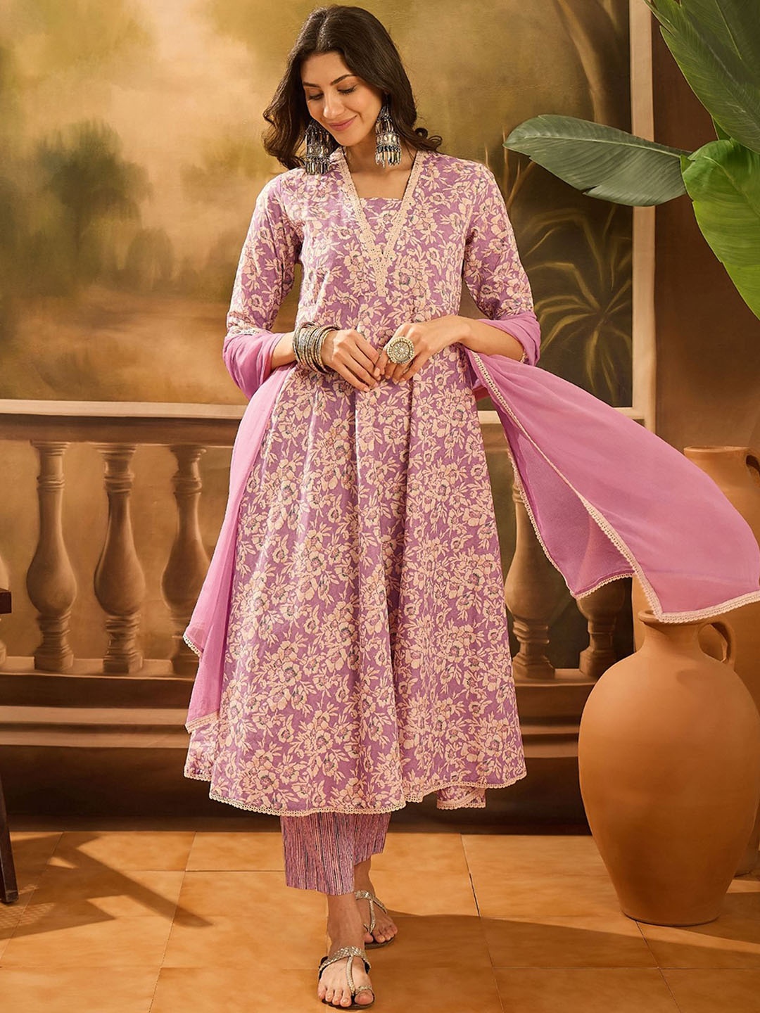

RangDeep Floral Printed Notch Neck Pure Cotton Anarkali Kurta With Trouser & Dupatta, Lavender