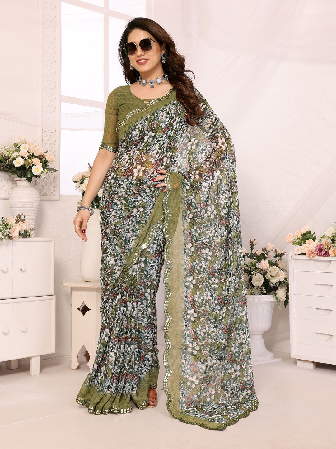 

Moda Rapido Floral Mirror Work Pure Georgette Designer Saree, Green