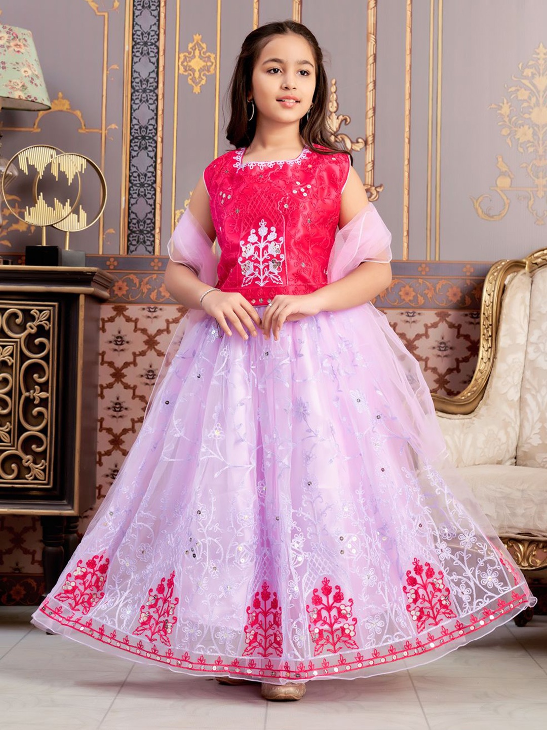 

Sangria Girls Thread Embroidered Net Lehenga Choli With Dupatta, Pink