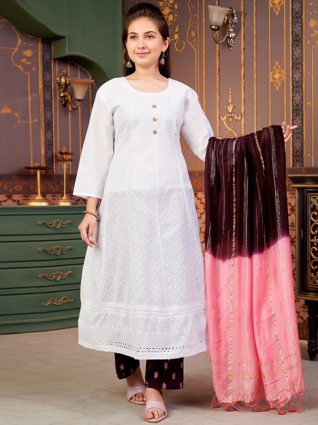 

Sangria Girls Chikankari Embroidered Cotton A-Line Kurta, White