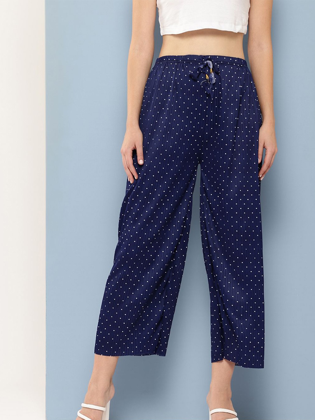 

BAESD Women Polka Dot Printed Flared Handloom Palazzos, Blue