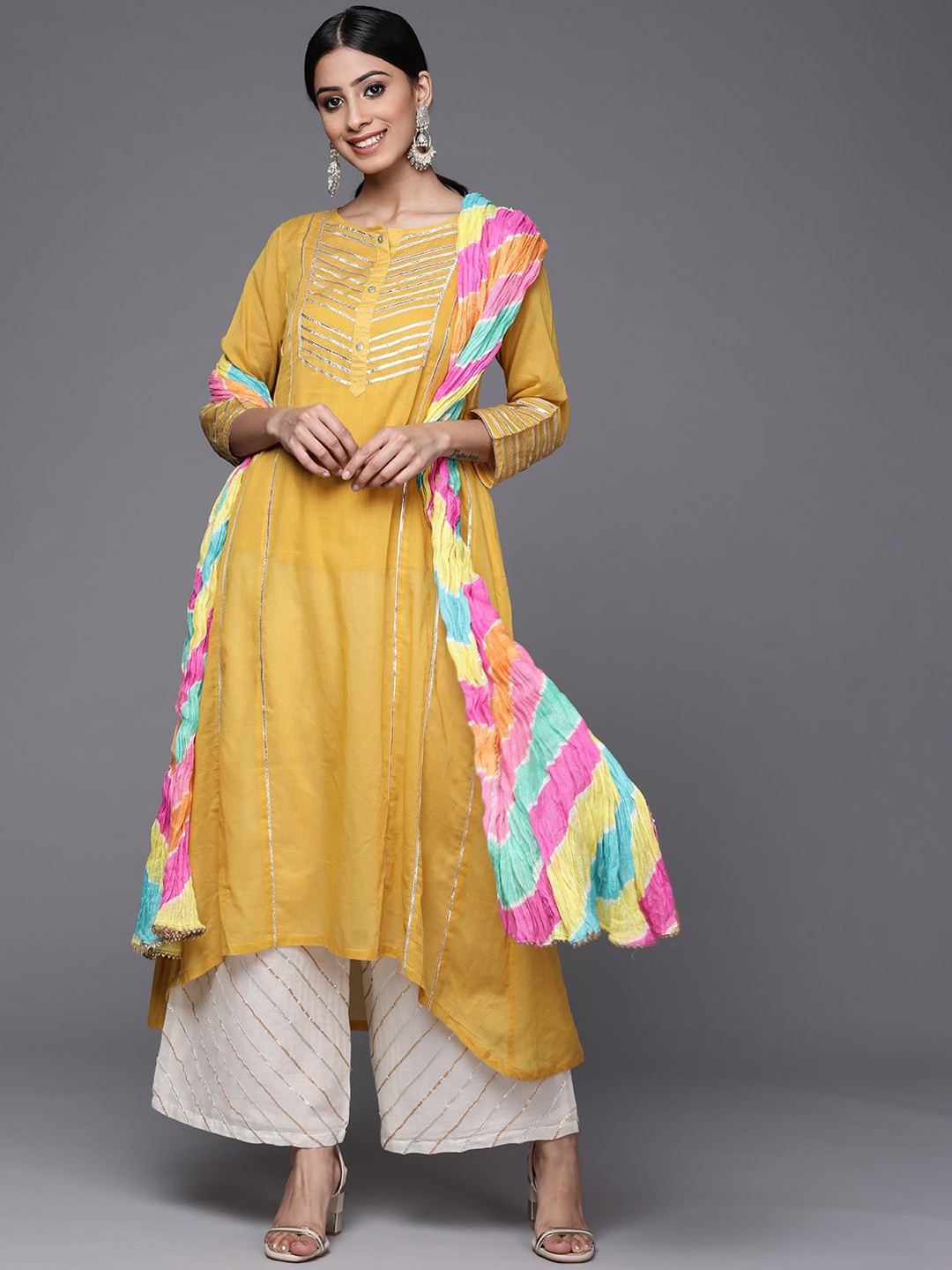 

DIVASTRI Striped Embroidered Gotta Patti Pure Cotton Kurta With Palazzos And Dupatta, Mustard