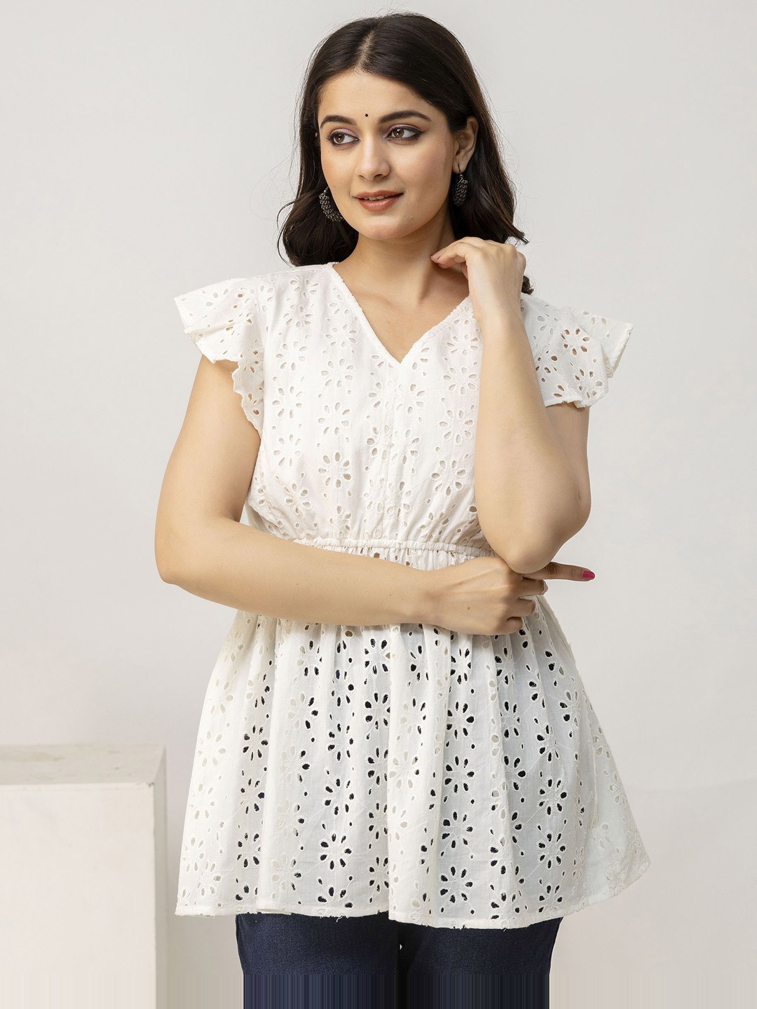 

SIDDHANAM Print Cotton Cinched Waist Top, White