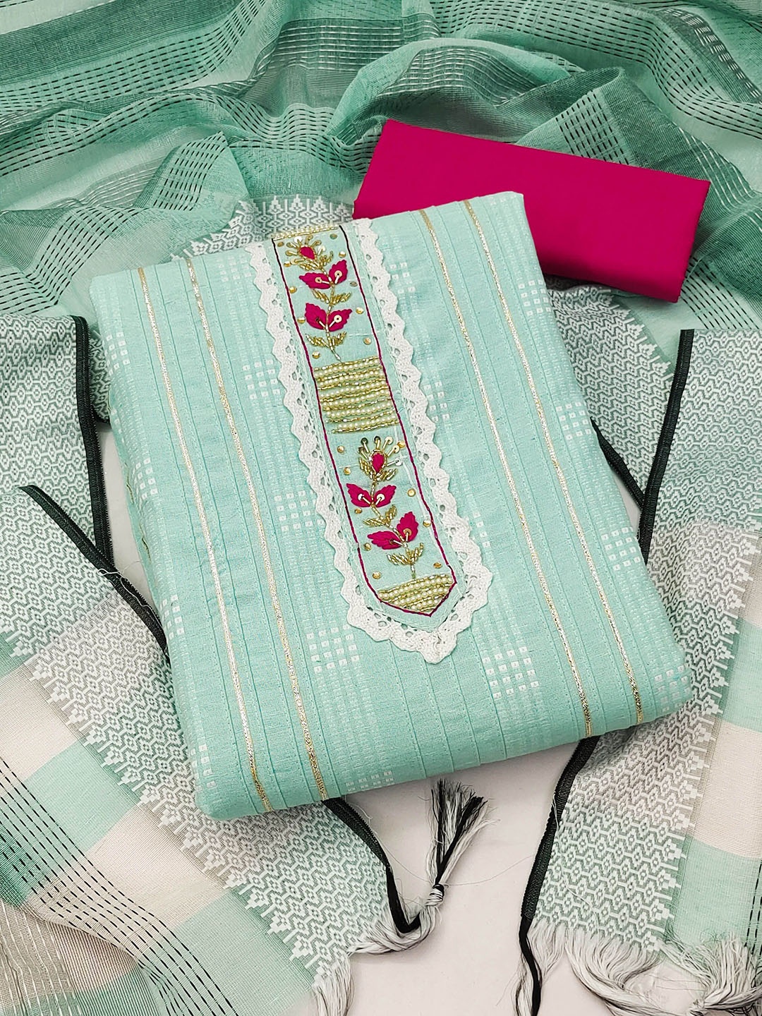 

HERE&NOW Embellished Unstitched Dress Material, Turquoise blue