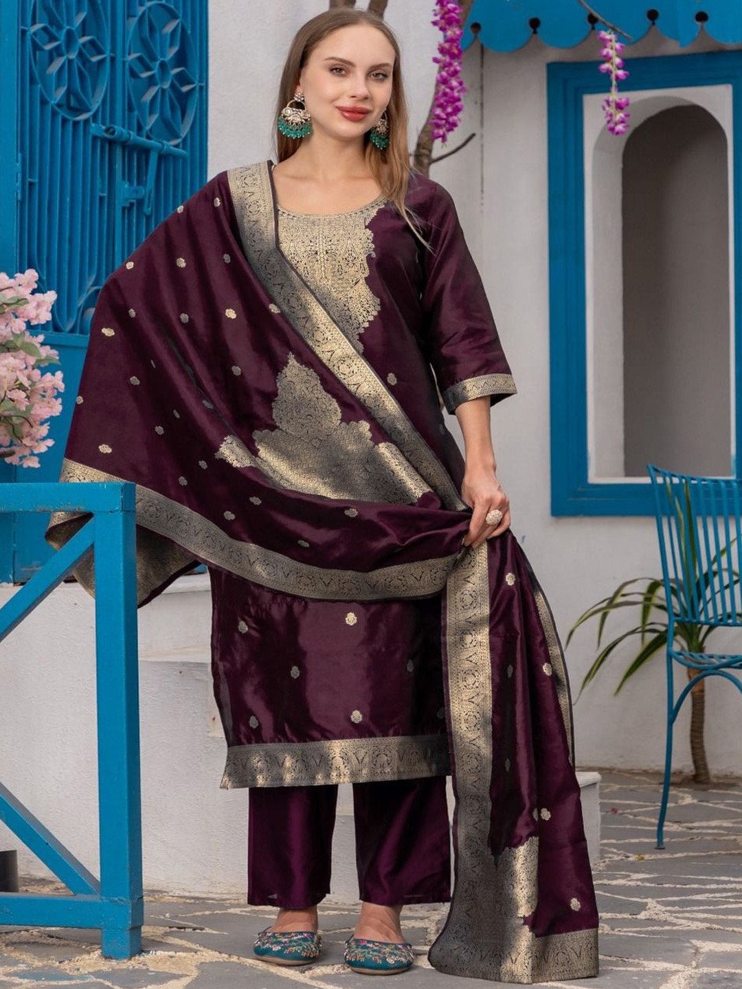 

KALINI Floral Woven Design Kurta With Trousers & Dupatta, Burgundy