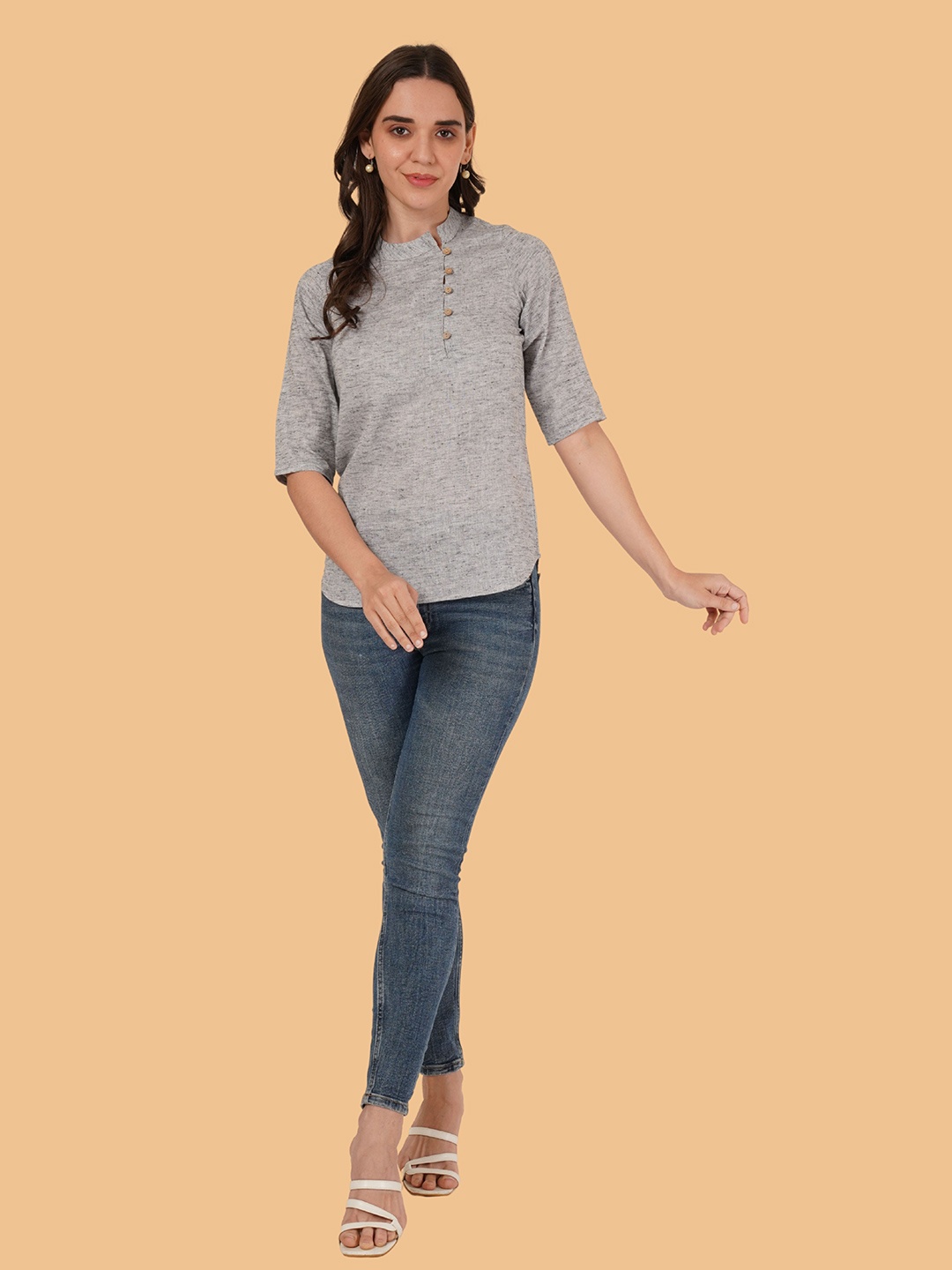 

Brownverse Mandarin Collar Cotton Shirt Style Top, Grey
