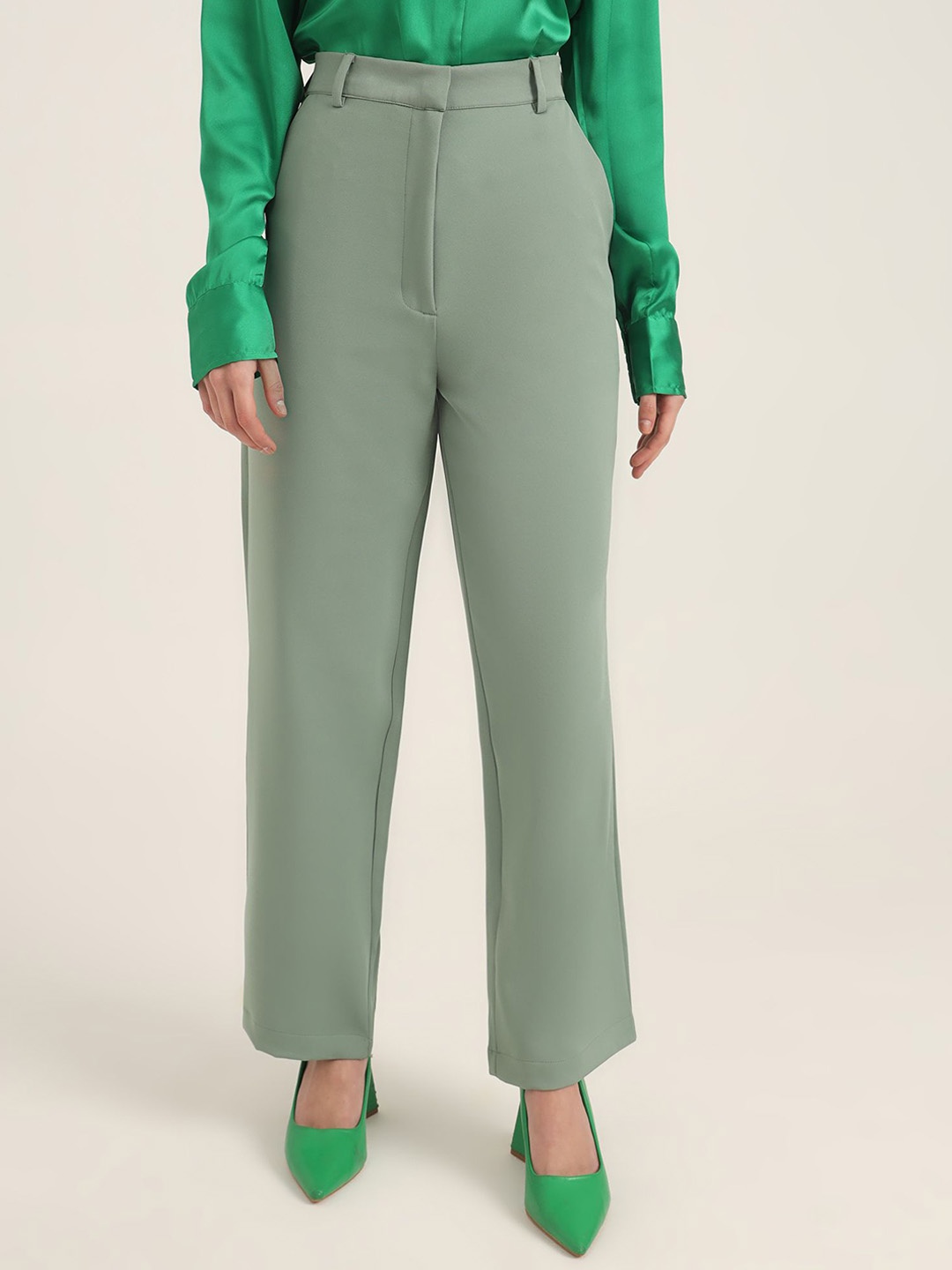 

AMSWAN Women Smart Straight Fit High-Rise Trousers, Sea green
