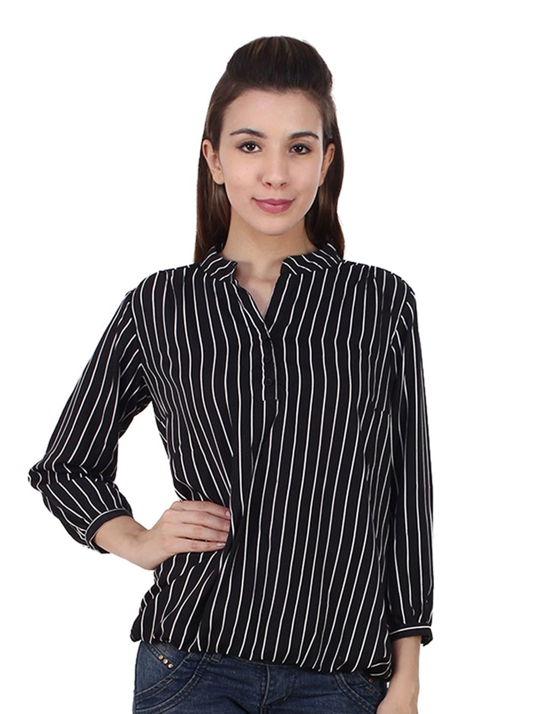 

MALLORY WINSTON Striped Mandarin Collar Crepe Shirt Style Top, Black