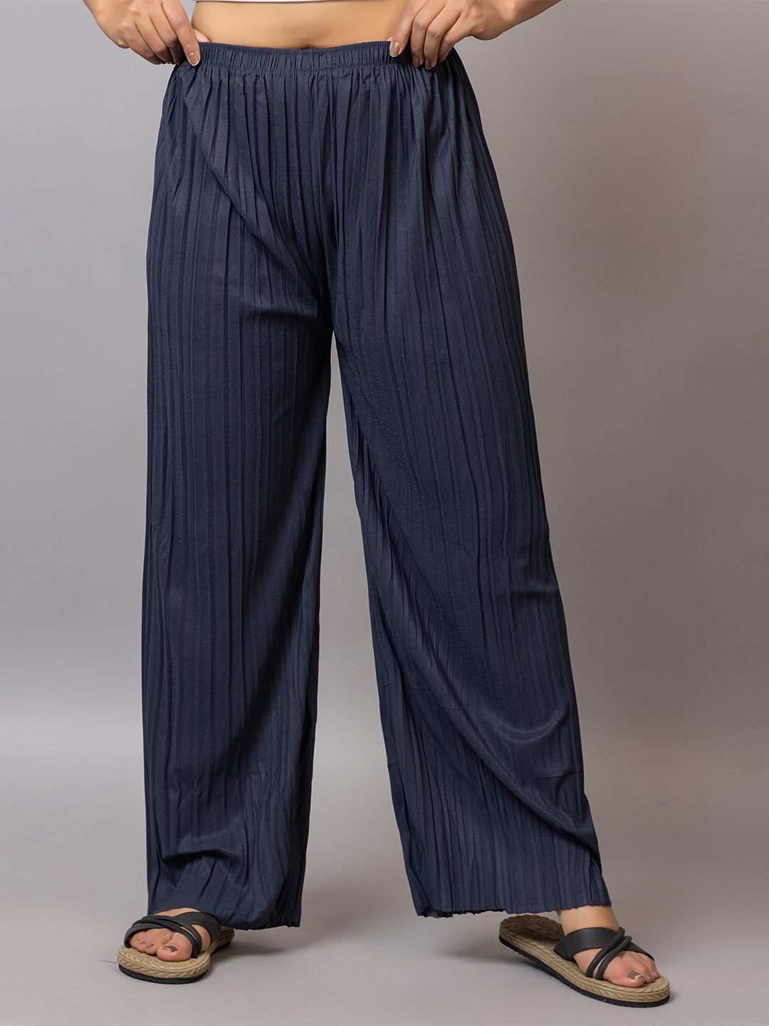 

PROBASIC Women Flared Knitted Palazzos, Navy blue
