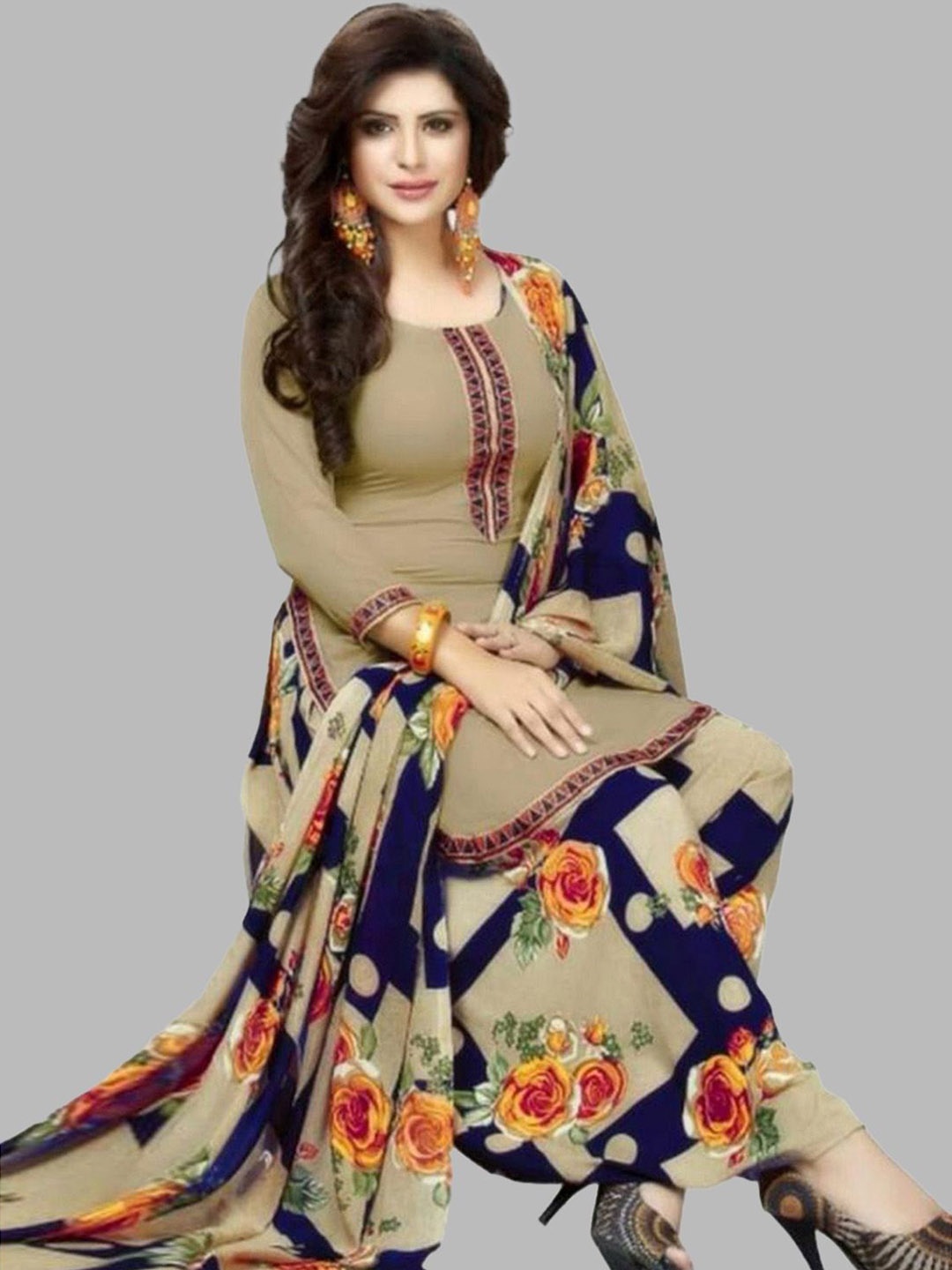 

SIMPLYETHNIC Geometric Printed Unstitched Dress Material, Beige